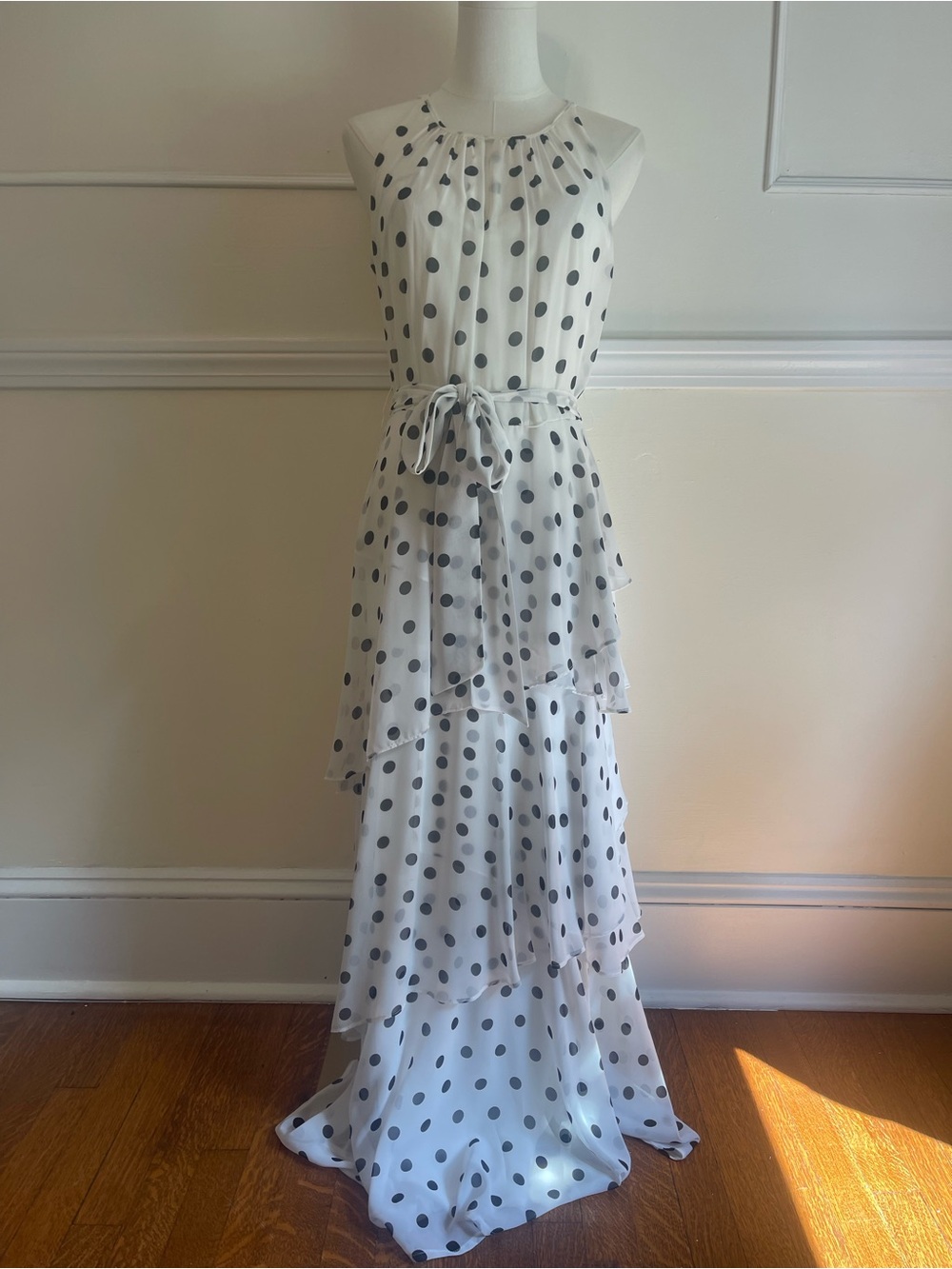 Tahari White Maxi Dress with Black Polka Dots